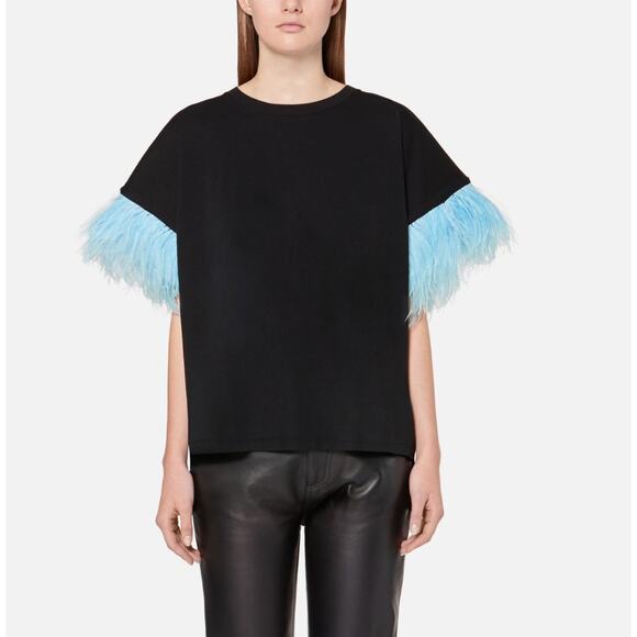 Christopher Kane NWOT Black Cotton Blue Ostrich Feather T-Shirt Size XSmall - Picture 1 of 9